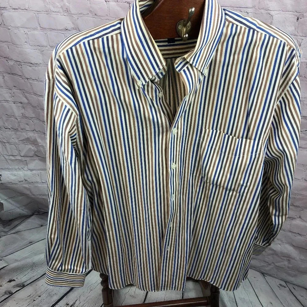 alan flusser brown stripe button down shirt size large
